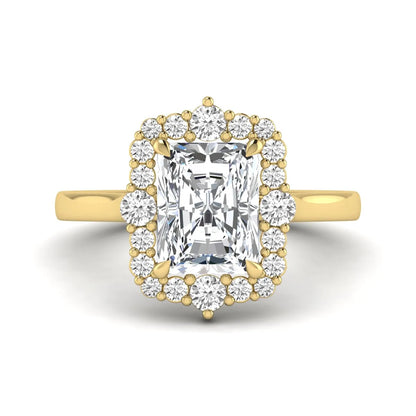 IGI Certified 2.62 carat radiant cut lab grown diamond halo engagement ring with round accent diamonds in yellow gold.