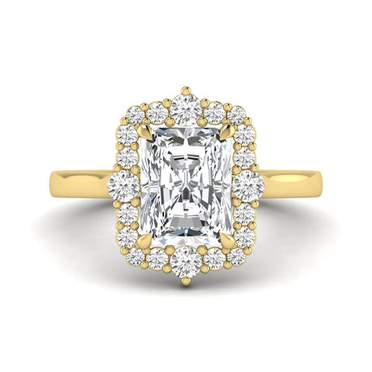 IGI Certified 2.62 carat radiant cut lab grown diamond halo engagement ring with round accent diamonds in yellow gold.