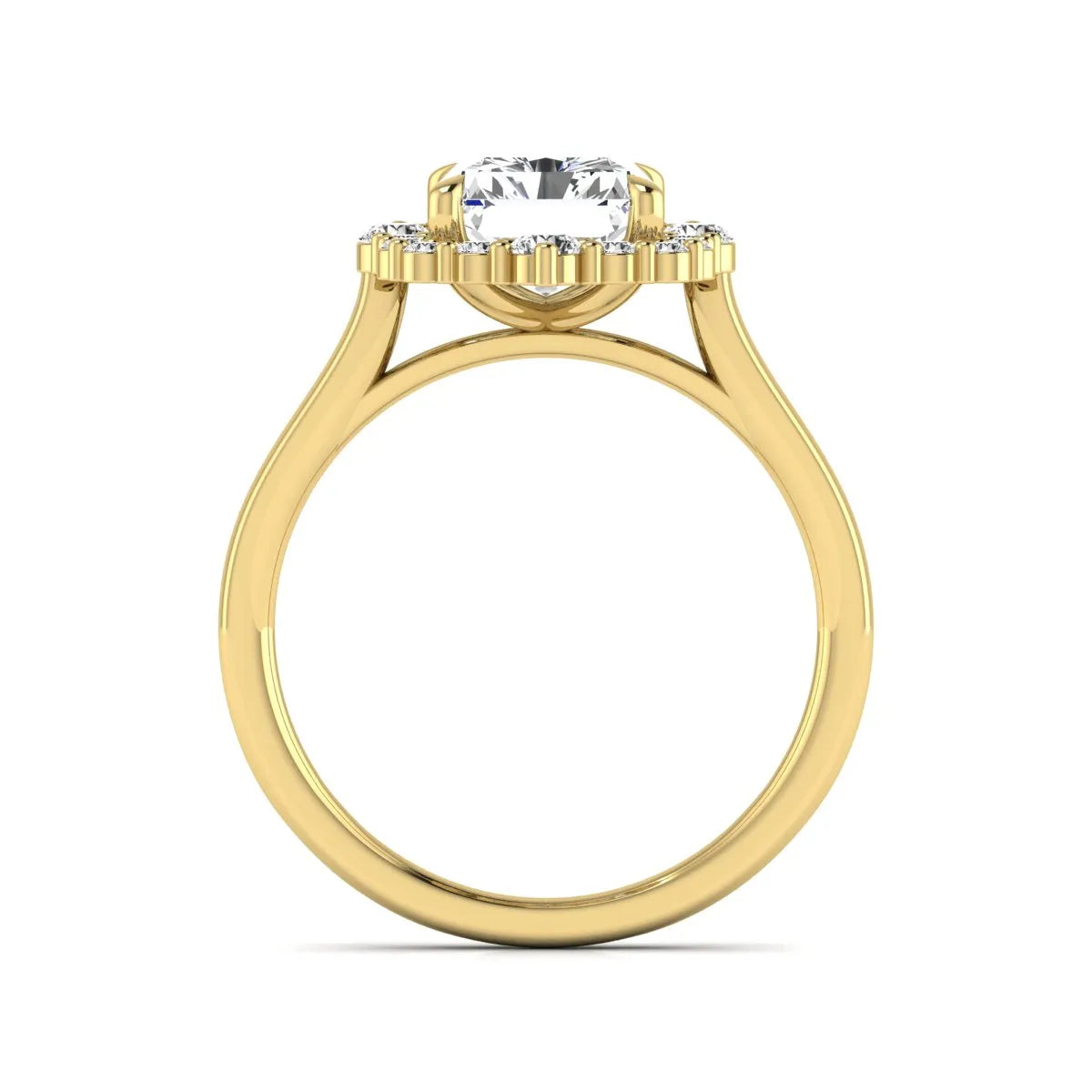 IGI Certified 2.62 carat radiant cut lab grown diamond halo engagement ring with round accent diamonds in yellow gold.