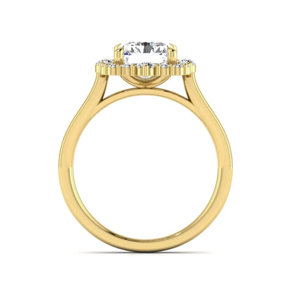 IGI Certified 2.62 carat radiant cut lab grown diamond halo engagement ring with round accent diamonds in yellow gold.