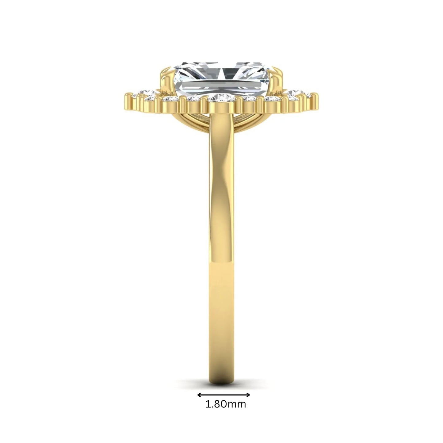 IGI Certified 2.62 carat radiant cut lab grown diamond halo engagement ring with round accent diamonds in yellow gold.