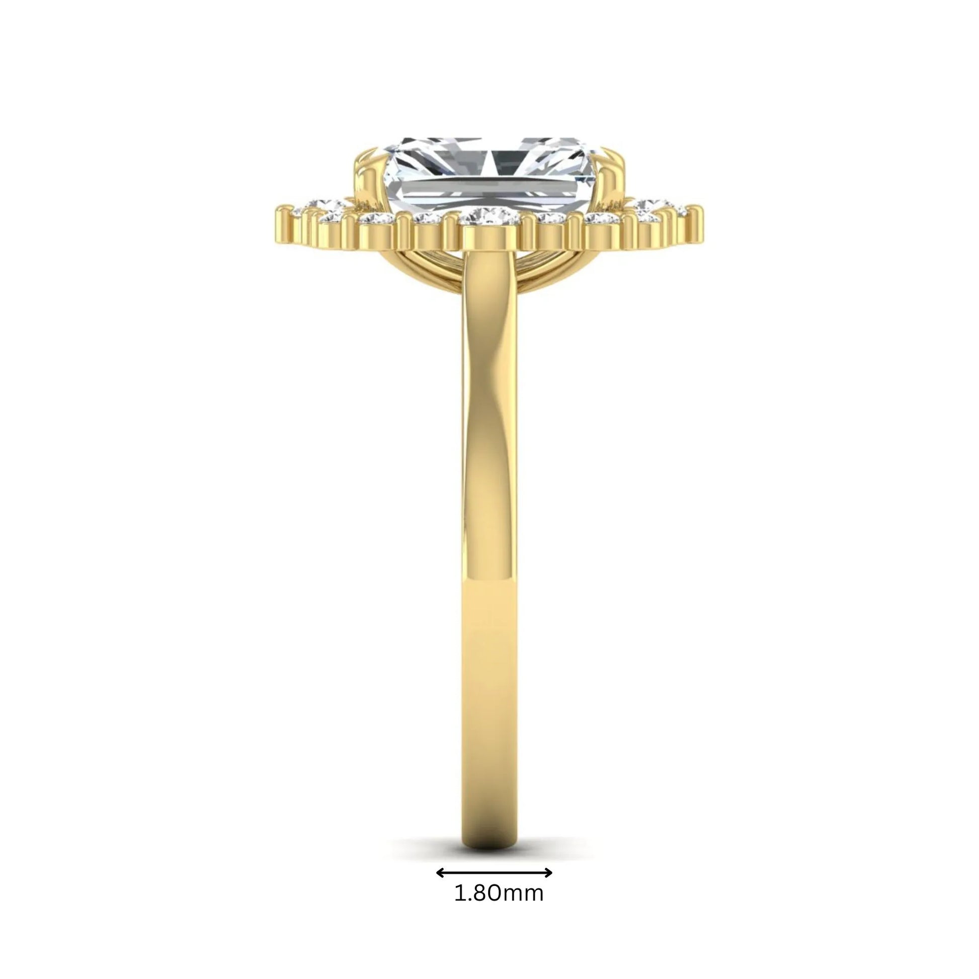 IGI Certified 2.62 carat radiant cut lab grown diamond halo engagement ring with round accent diamonds in yellow gold.