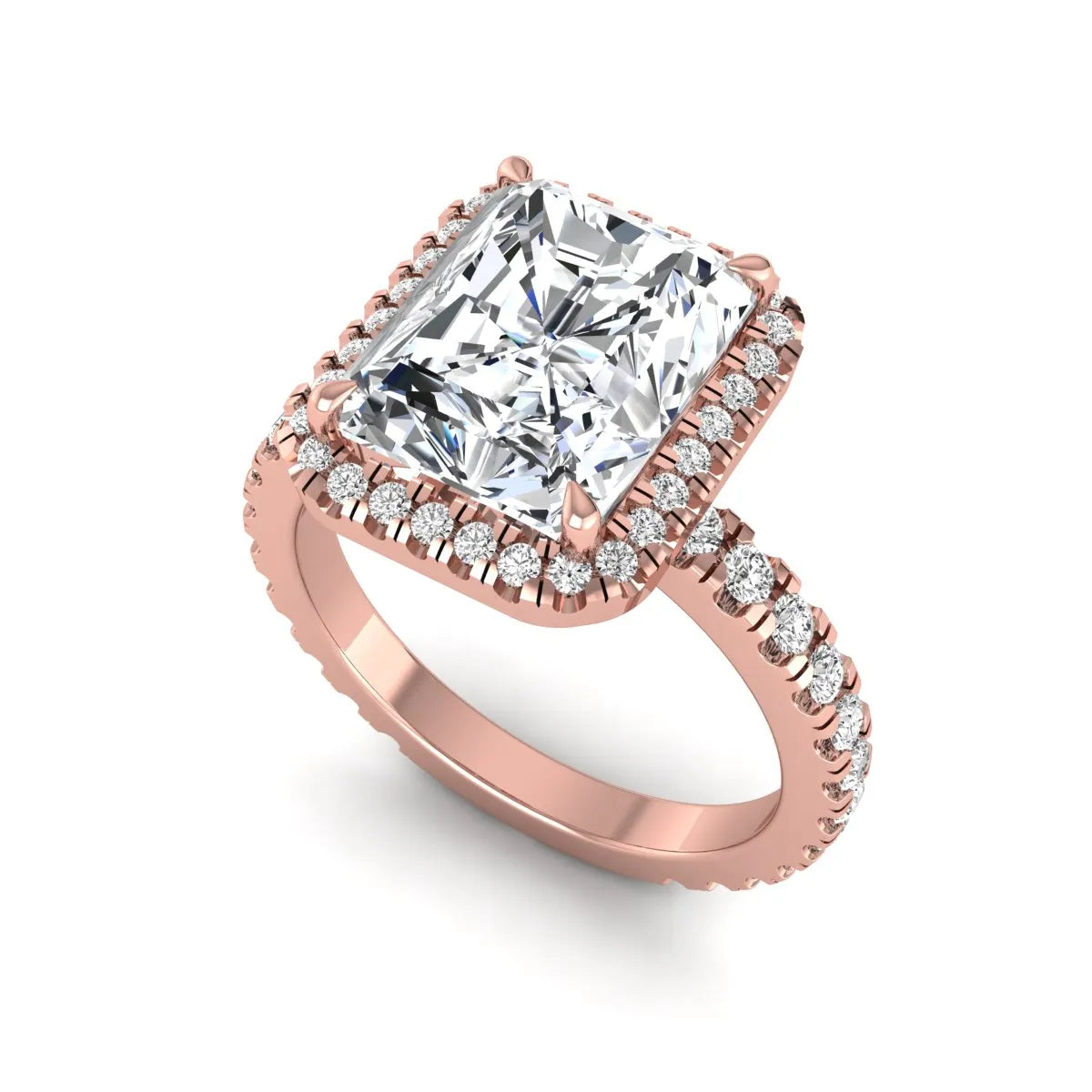 Radiant cut lab grown diamond halo engagement ring with pavé round diamonds in rose gold setting