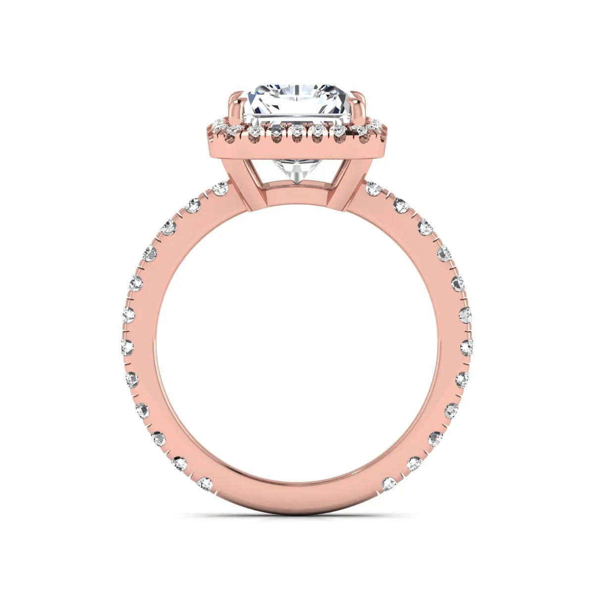 Radiant cut lab grown diamond halo engagement ring with pavé round diamonds in rose gold setting