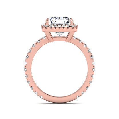 Radiant cut lab grown diamond halo engagement ring with pavé round diamonds in rose gold setting