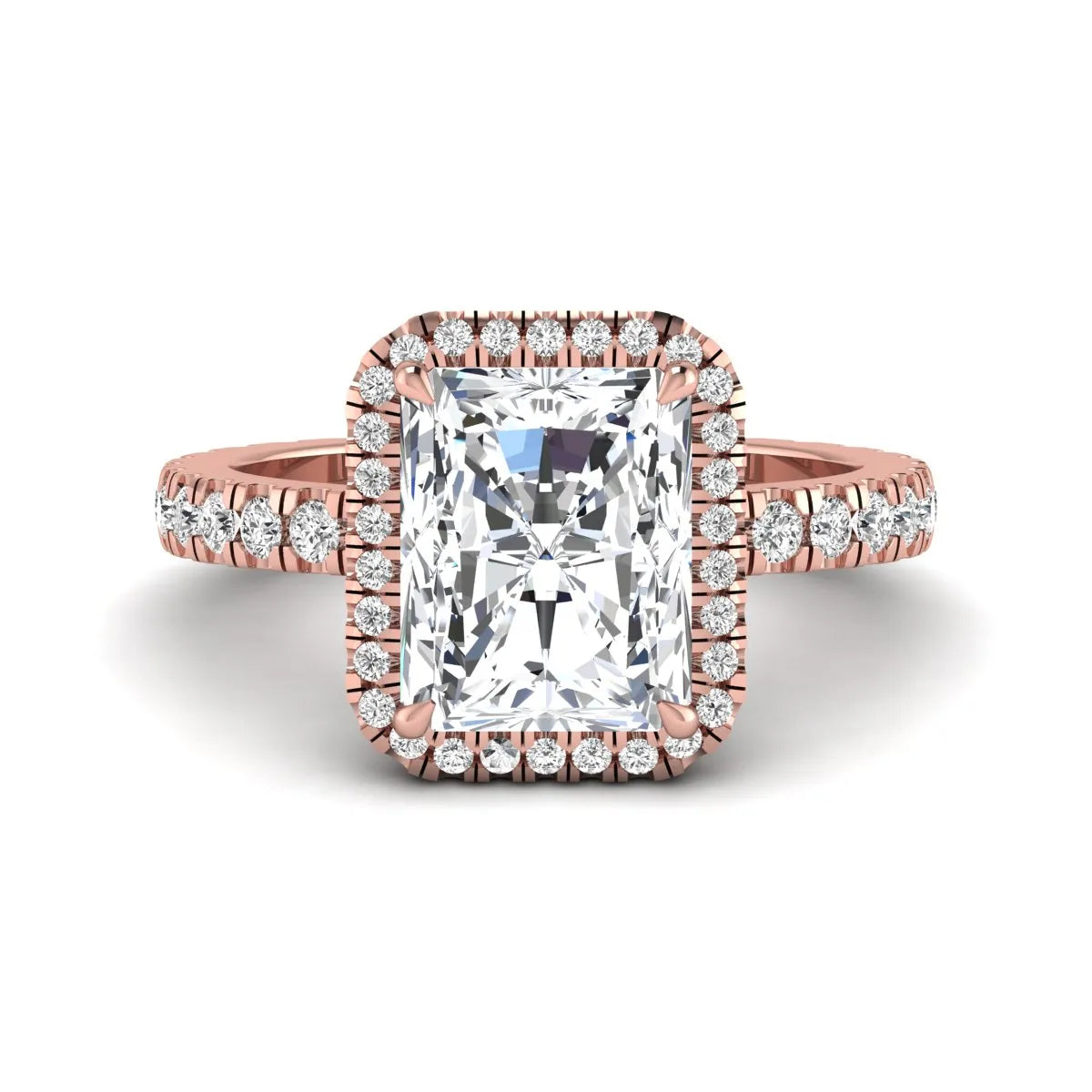 Radiant cut lab grown diamond halo engagement ring with pavé round diamonds in rose gold setting