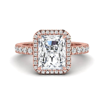 Radiant cut lab grown diamond halo engagement ring with pavé round diamonds in rose gold setting