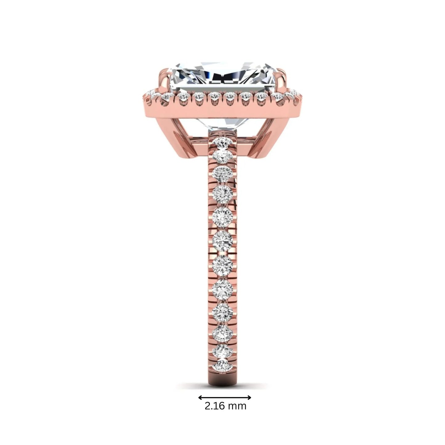 Radiant cut lab grown diamond halo engagement ring with pavé round diamonds in rose gold setting