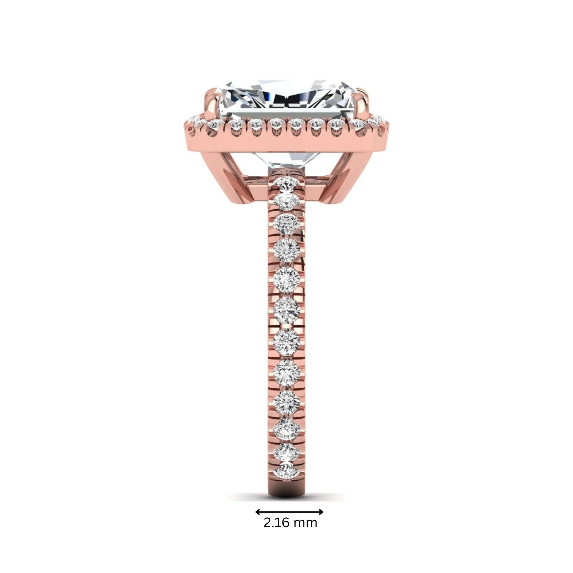 Radiant cut lab grown diamond halo engagement ring with pavé round diamonds in rose gold setting