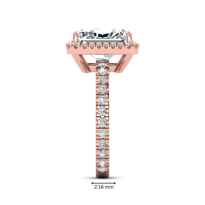 Radiant cut lab grown diamond halo engagement ring with pavé round diamonds in rose gold setting