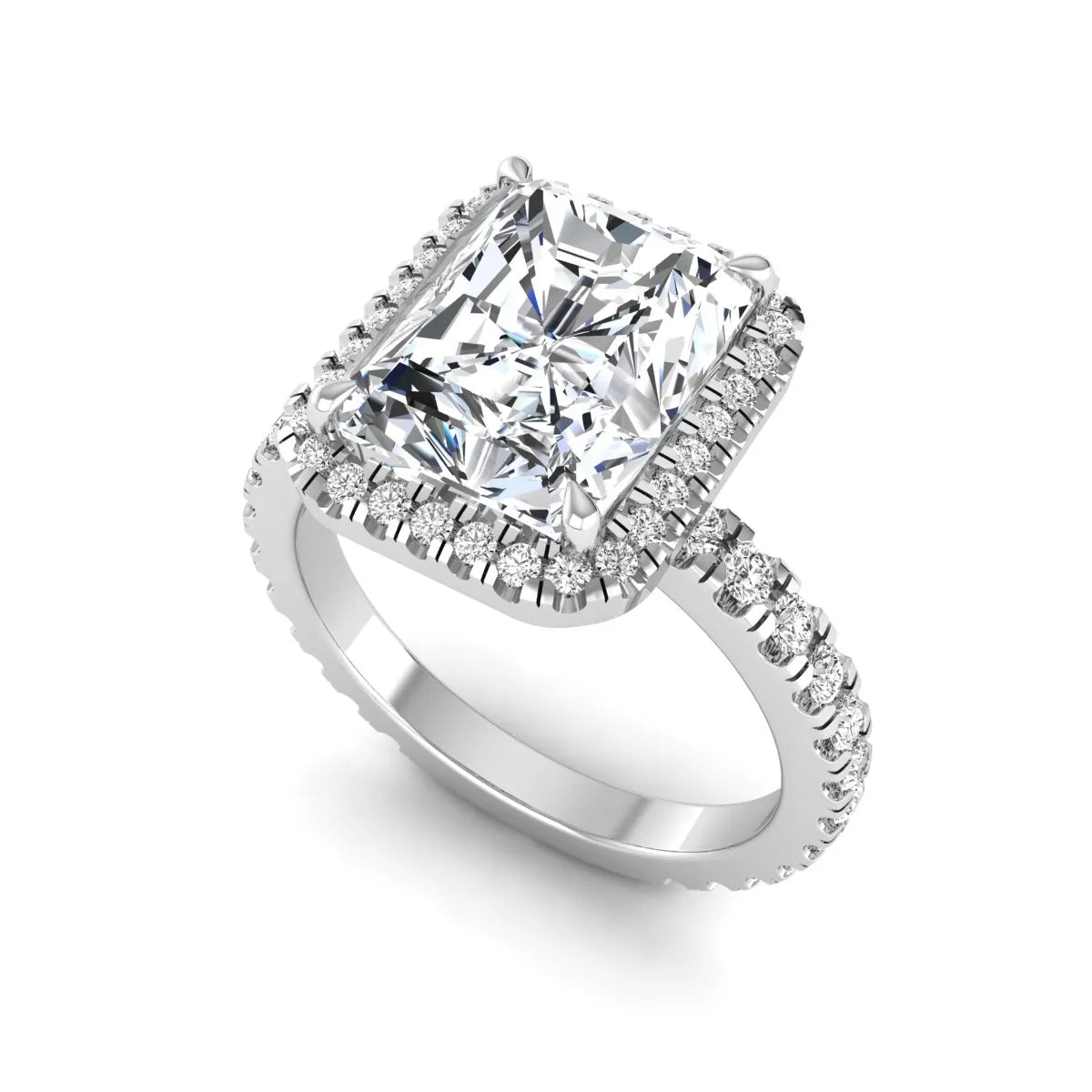 Radiant cut lab grown diamond halo engagement ring with pavé round diamonds in white gold setting