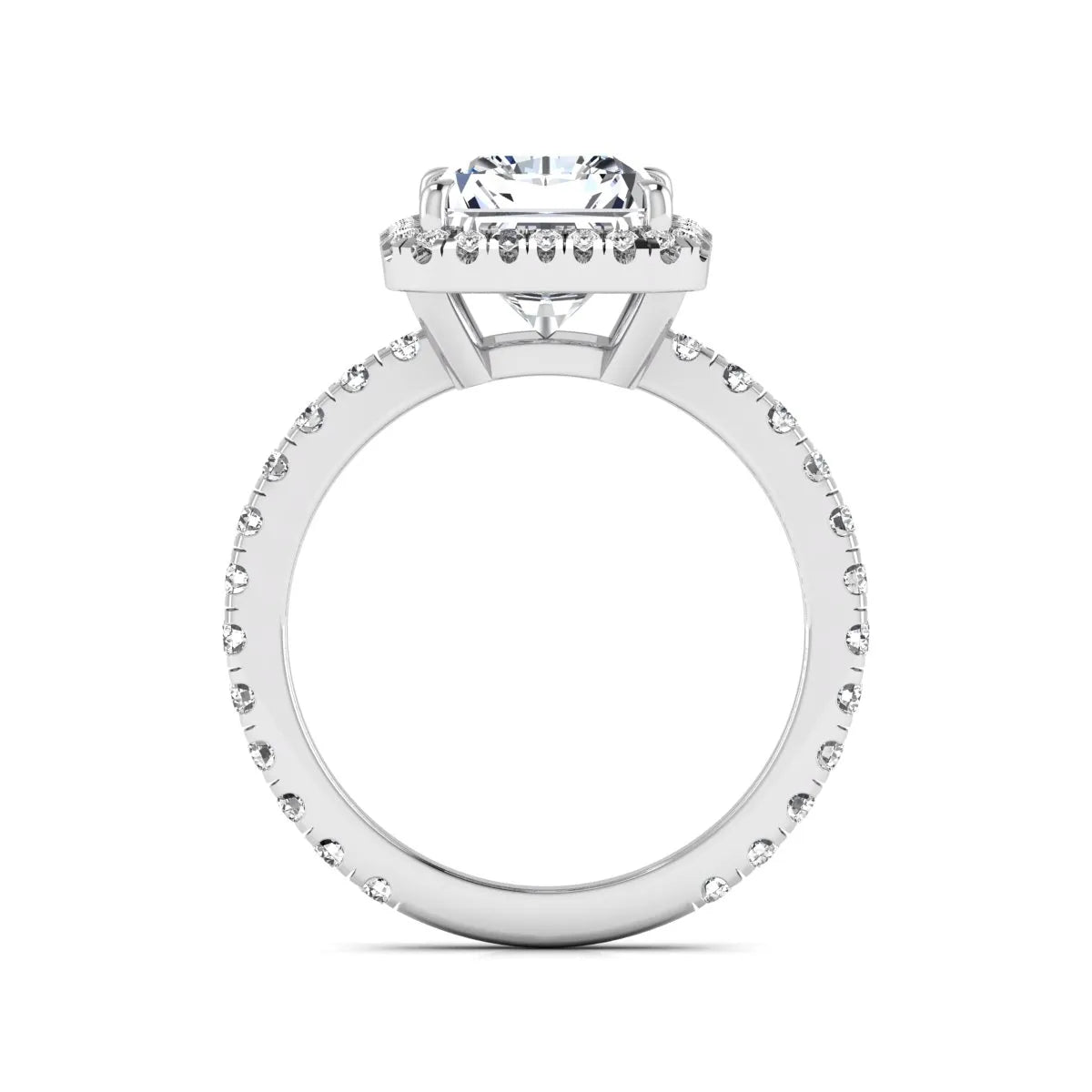 Radiant cut lab grown diamond halo engagement ring with pavé round diamonds in white gold setting