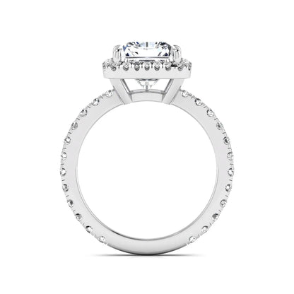 Radiant cut lab grown diamond halo engagement ring with pavé round diamonds in white gold setting