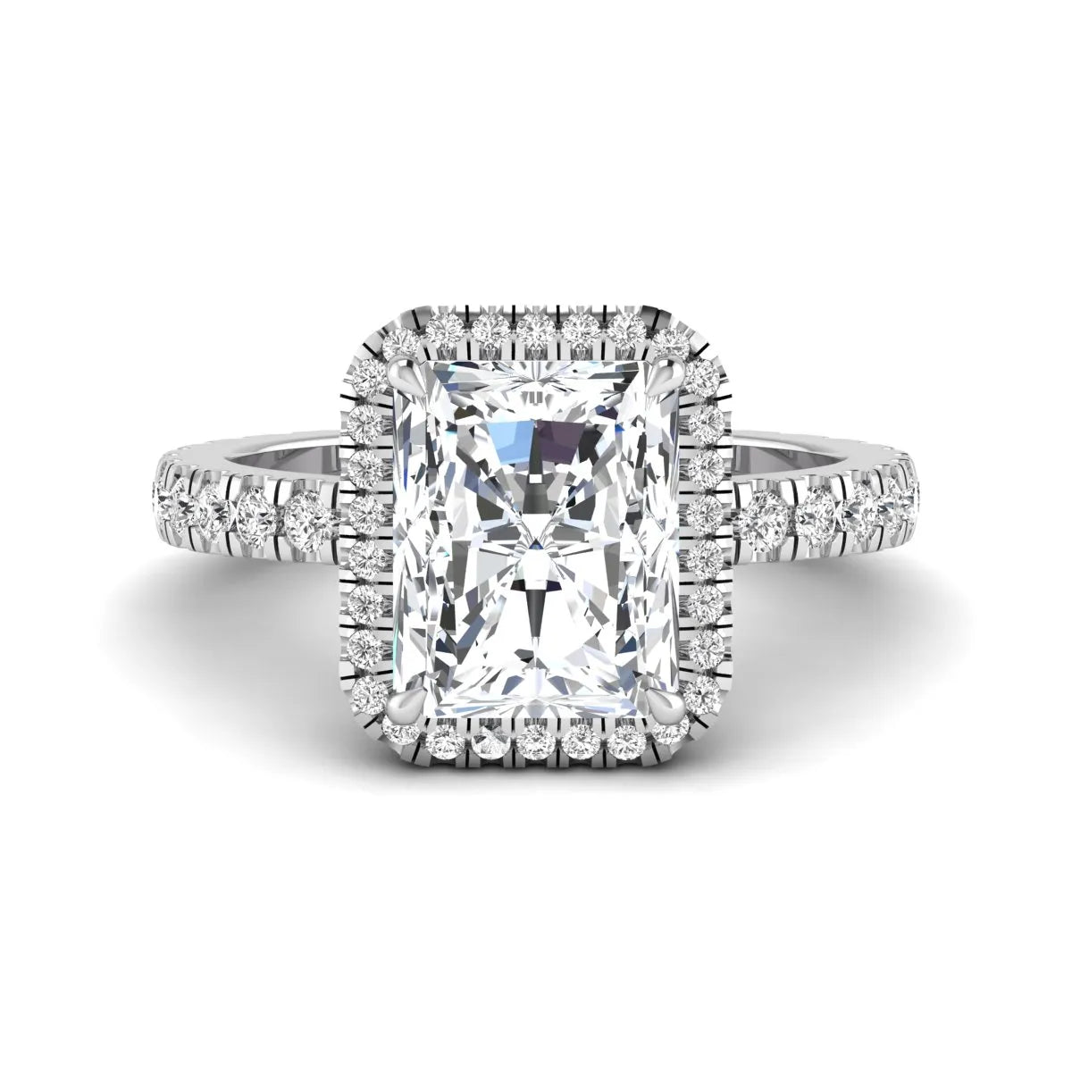 Radiant cut lab grown diamond halo engagement ring with pavé round diamonds in white gold setting