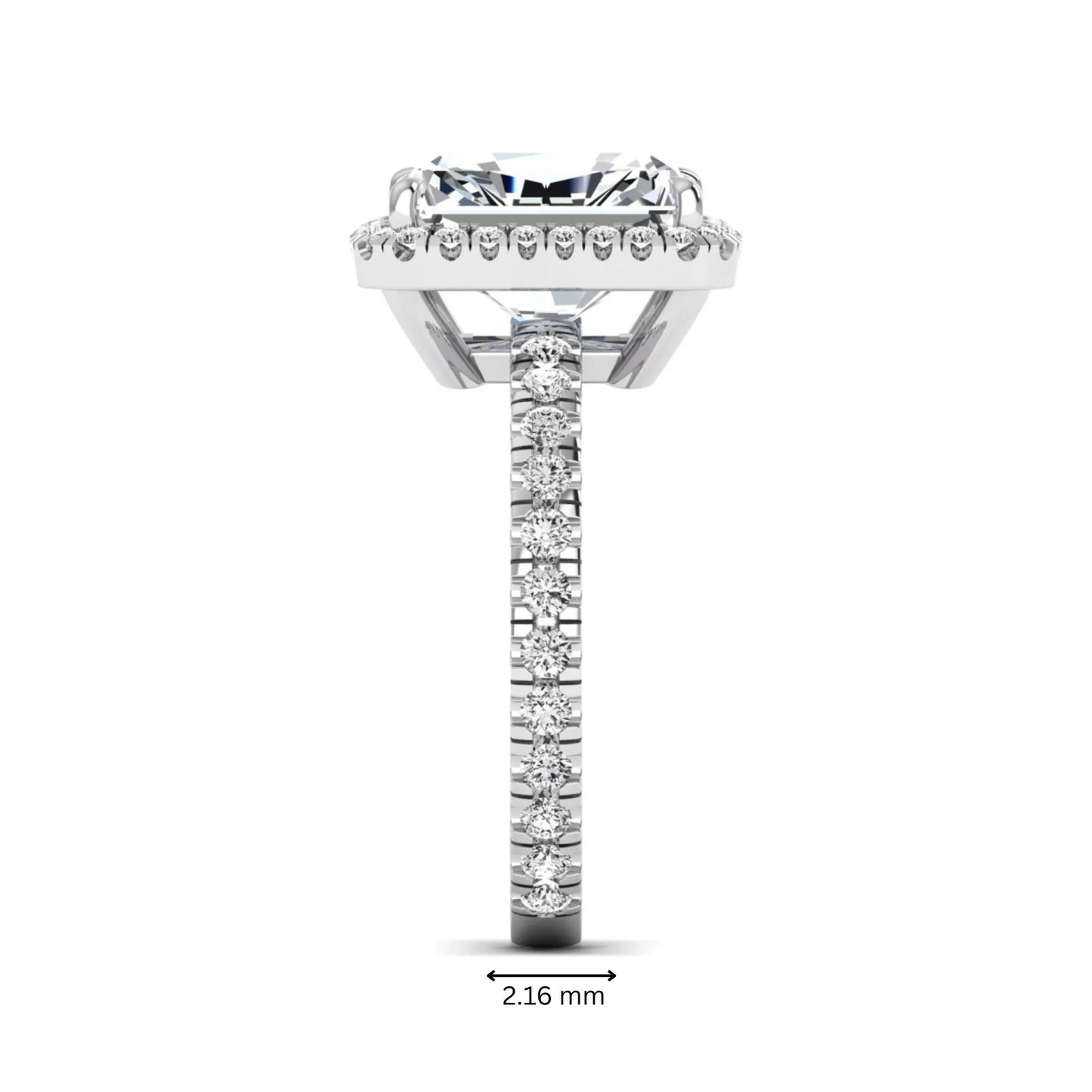 Radiant cut lab grown diamond halo engagement ring with pavé round diamonds in white gold setting