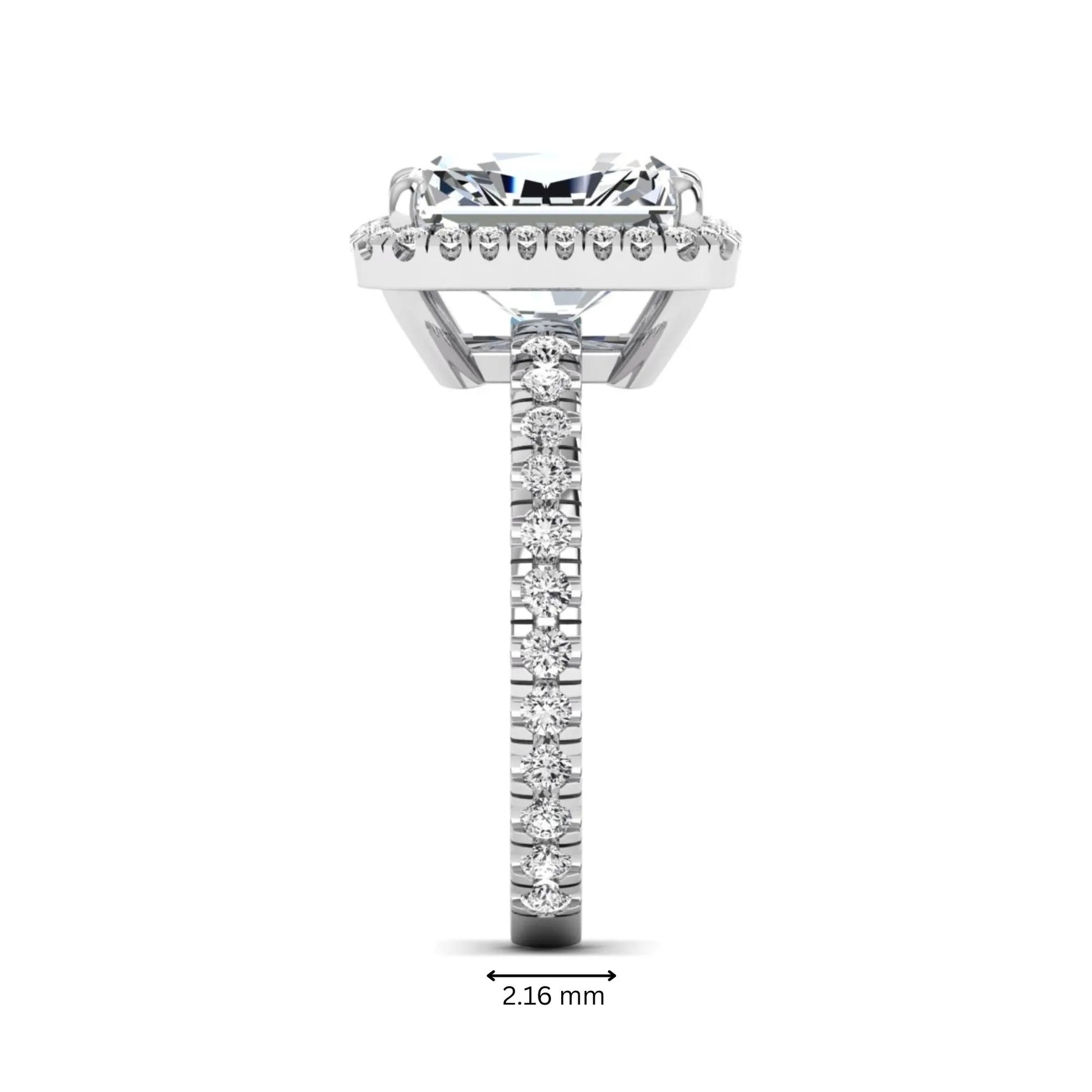 Radiant cut lab grown diamond halo engagement ring with pavé round diamonds in white gold setting