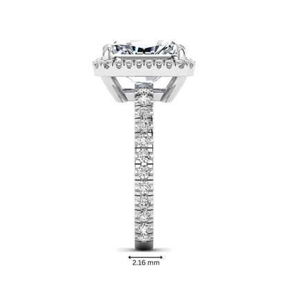 Radiant cut lab grown diamond halo engagement ring with pavé round diamonds in white gold setting