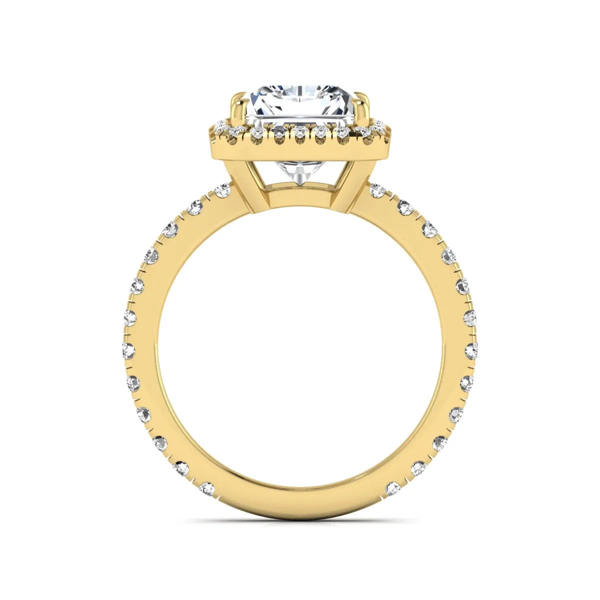 Radiant cut lab grown diamond halo engagement ring with pavé round diamonds in yellow gold setting