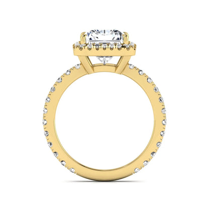 Radiant cut lab grown diamond halo engagement ring with pavé round diamonds in yellow gold setting