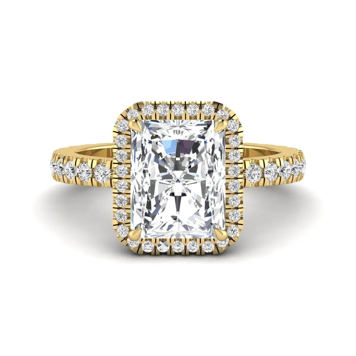 Radiant cut lab grown diamond halo engagement ring with pavé round diamonds in yellow gold setting
