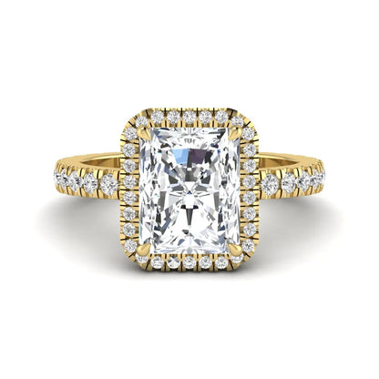 Radiant cut lab grown diamond halo engagement ring with pavé round diamonds in yellow gold setting