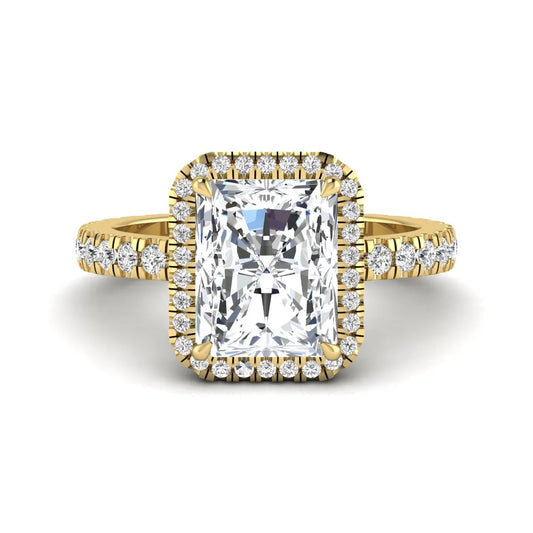 Radiant cut lab grown diamond halo engagement ring with pavé round diamonds in yellow gold setting