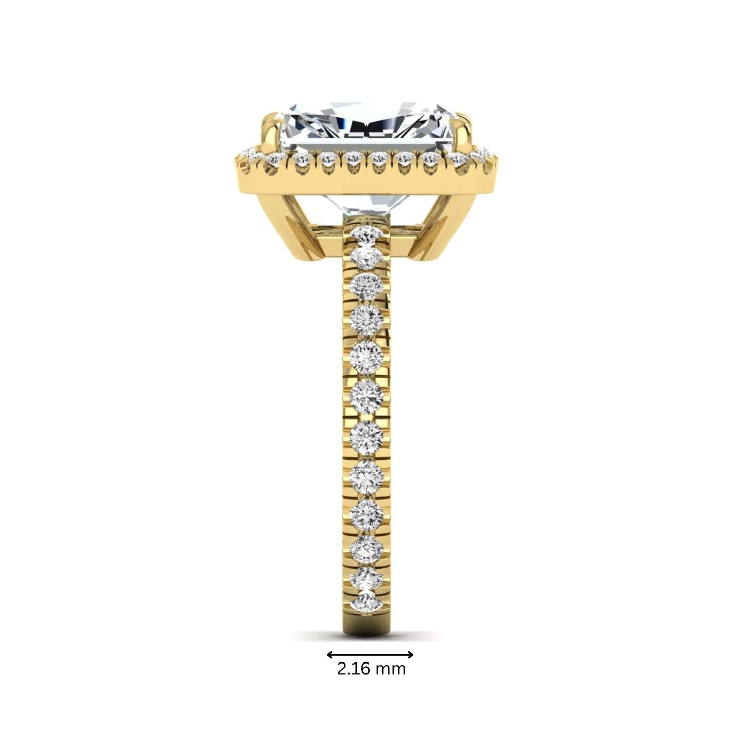 Radiant cut lab grown diamond halo engagement ring with pavé round diamonds in yellow gold setting