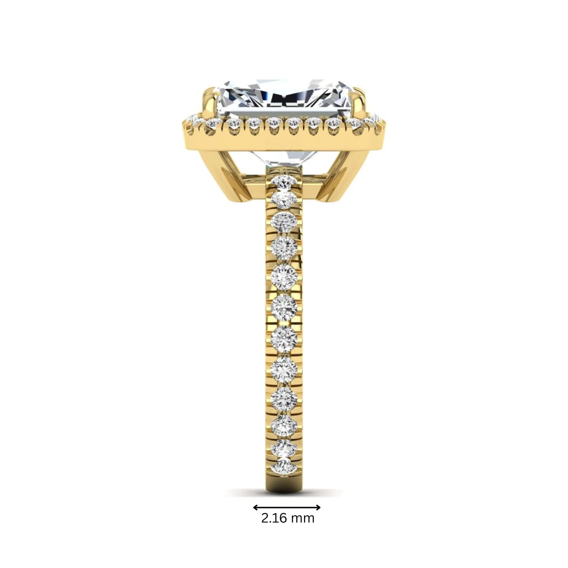 Radiant cut lab grown diamond halo engagement ring with pavé round diamonds in yellow gold setting