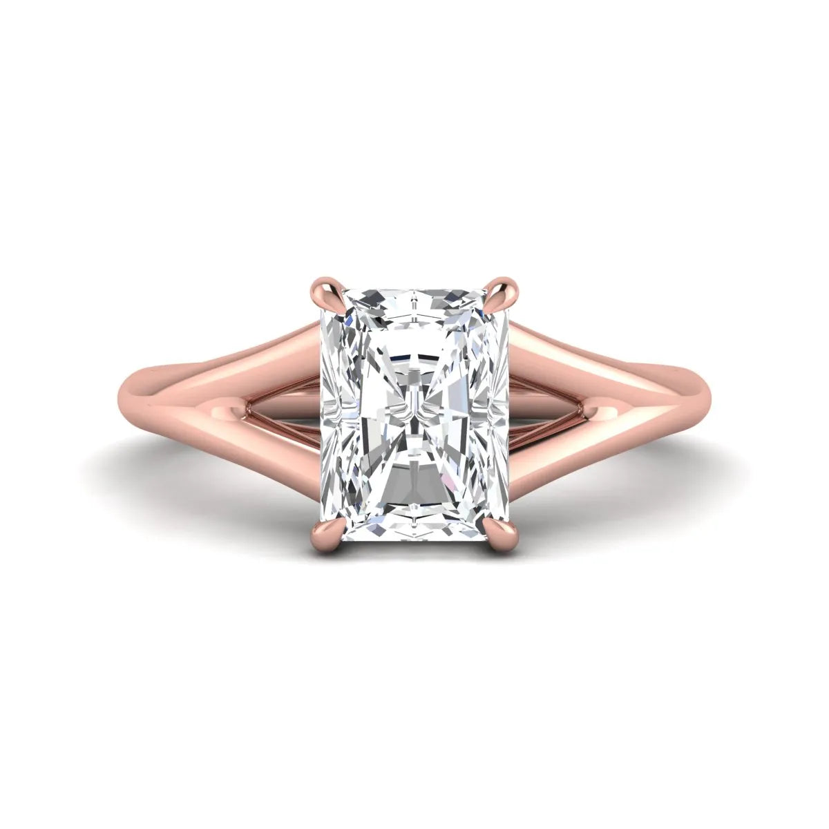 IGI Certified 1.74 carat radiant cut lab grown diamond hidden halo engagement ring with round accent diamonds in rose gold.