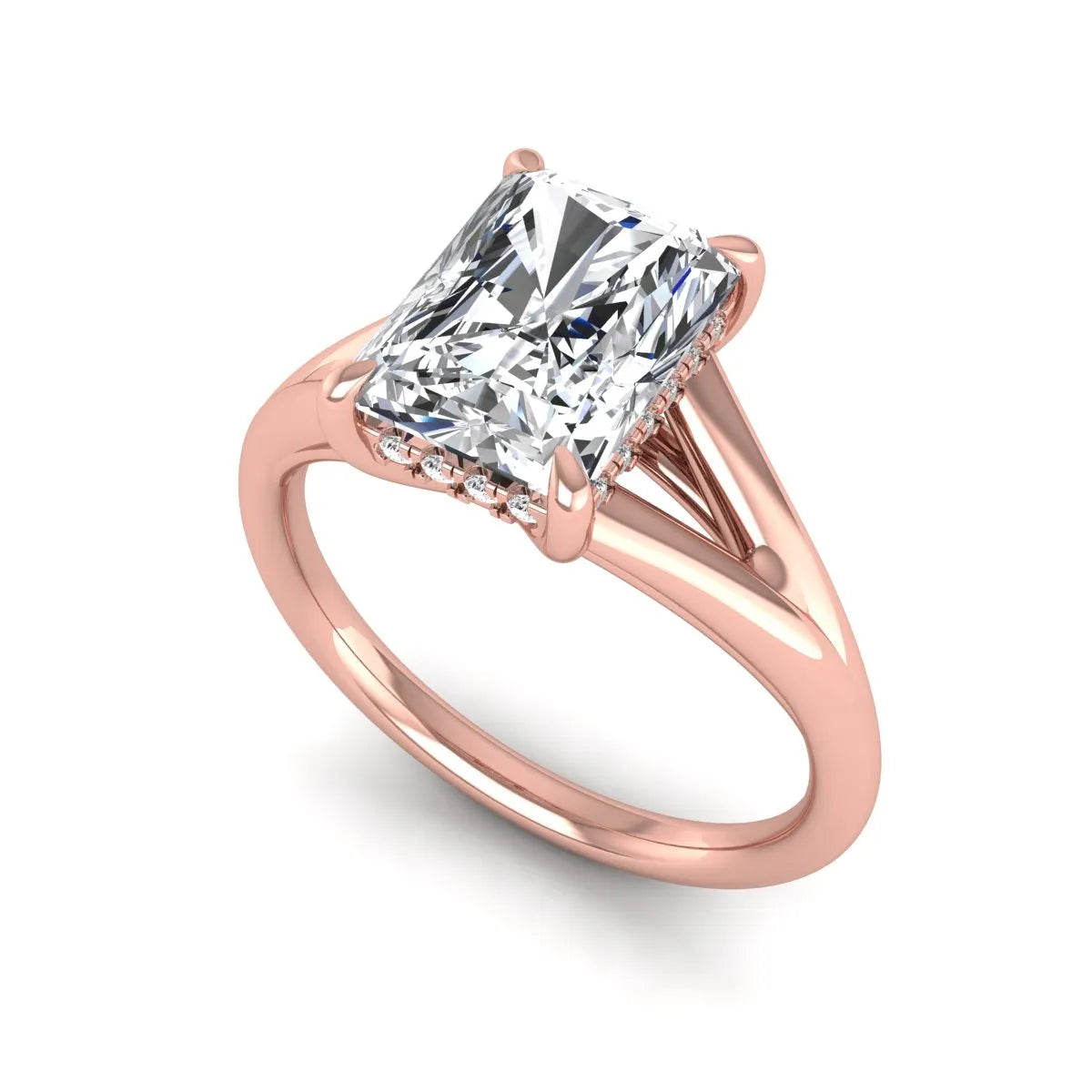 IGI Certified 1.74 carat radiant cut lab grown diamond hidden halo engagement ring with round accent diamonds in rose gold.