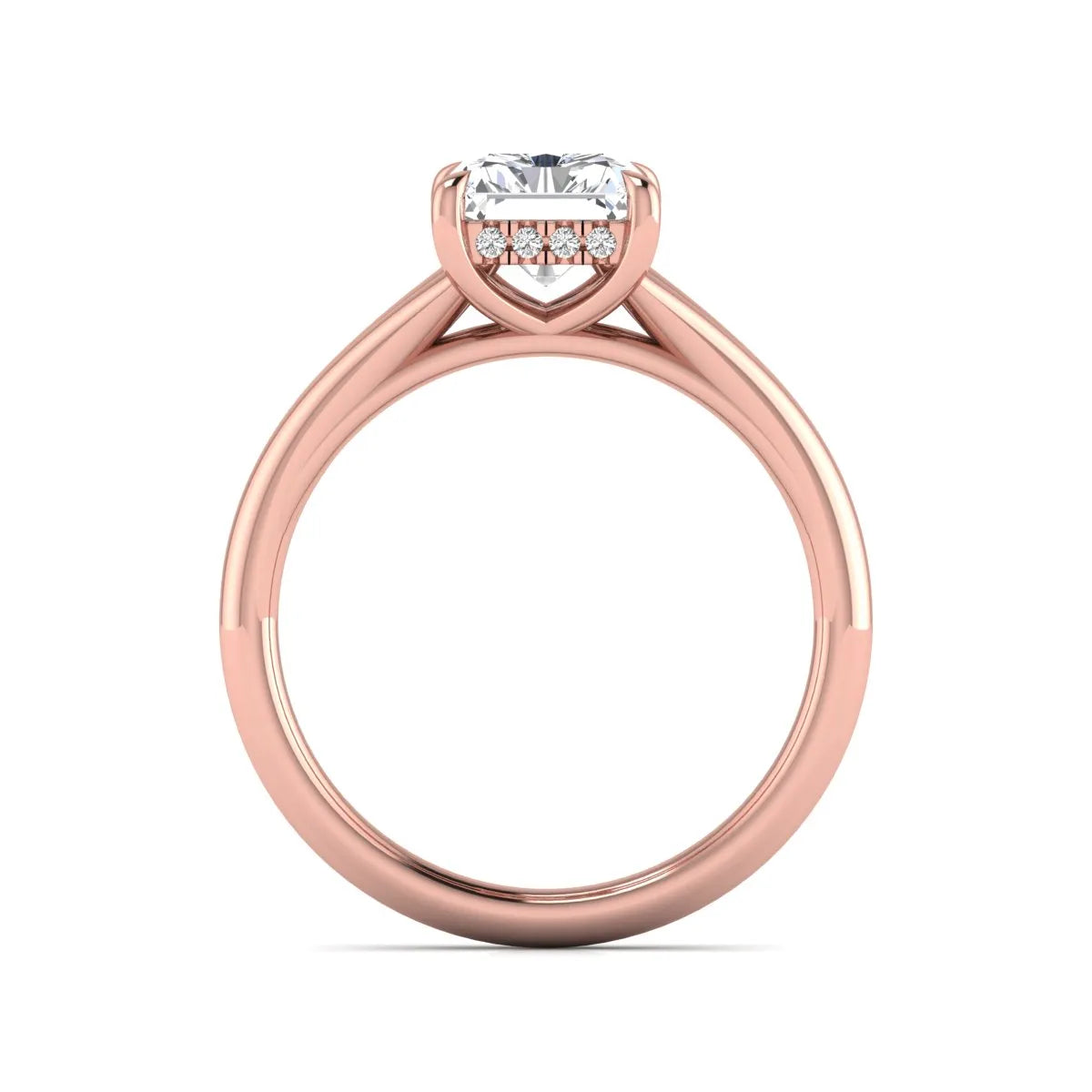 IGI Certified 1.74 carat radiant cut lab grown diamond hidden halo engagement ring with round accent diamonds in rose gold.