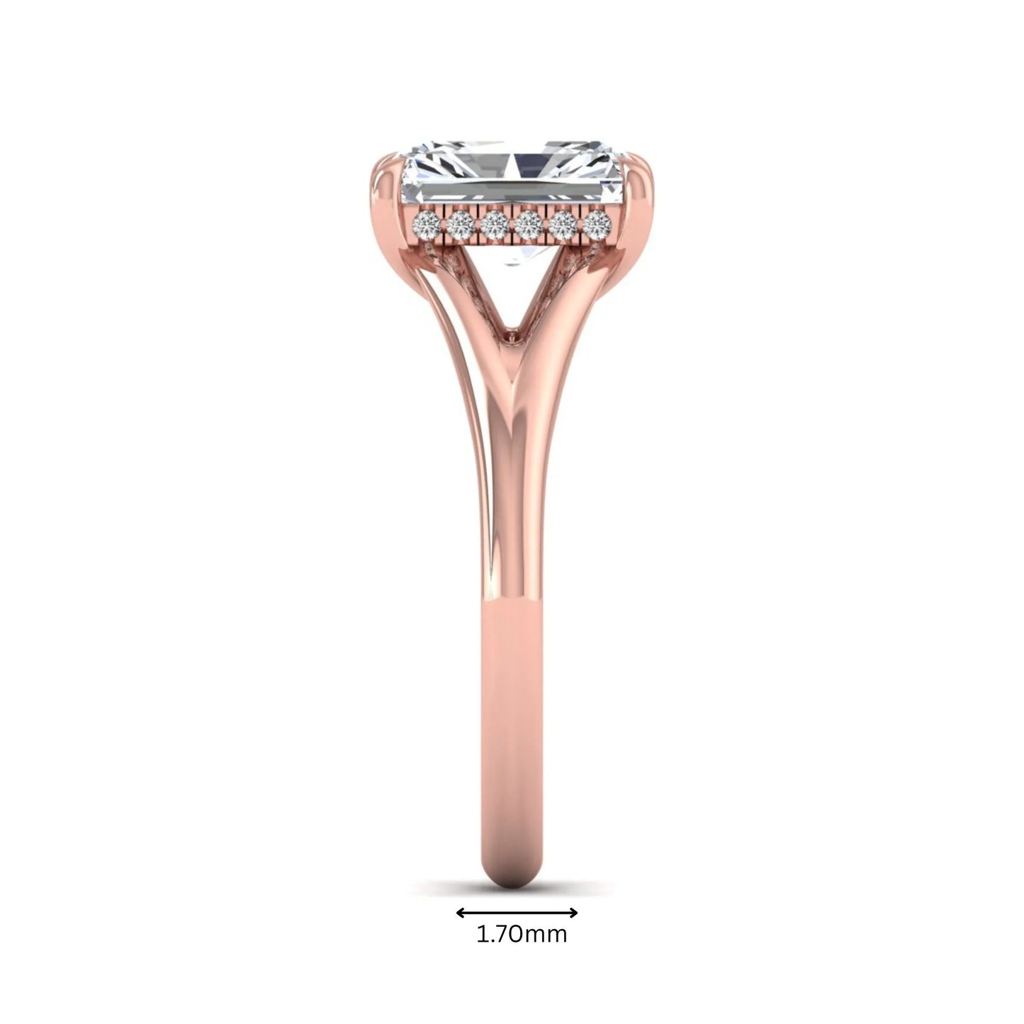 IGI Certified 1.74 carat radiant cut lab grown diamond hidden halo engagement ring with round accent diamonds in rose gold.