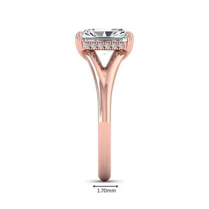 IGI Certified 1.74 carat radiant cut lab grown diamond hidden halo engagement ring with round accent diamonds in rose gold.