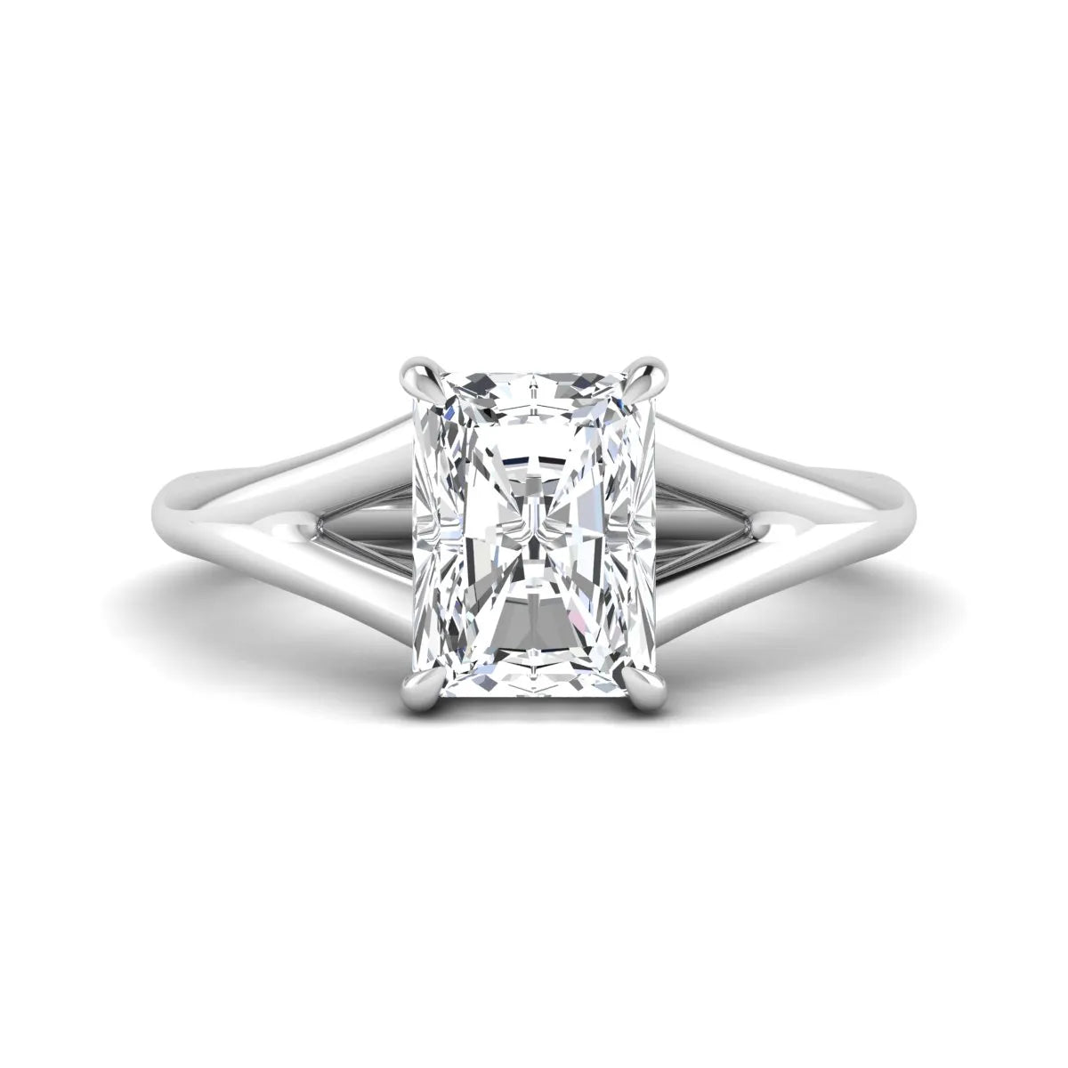 IGI Certified 1.74 carat radiant cut lab grown diamond hidden halo engagement ring with round accent diamonds in white gold.