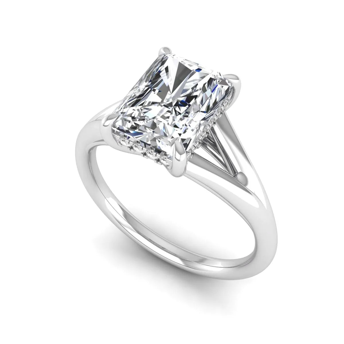 IGI Certified 1.74 carat radiant cut lab grown diamond hidden halo engagement ring with round accent diamonds in white gold.