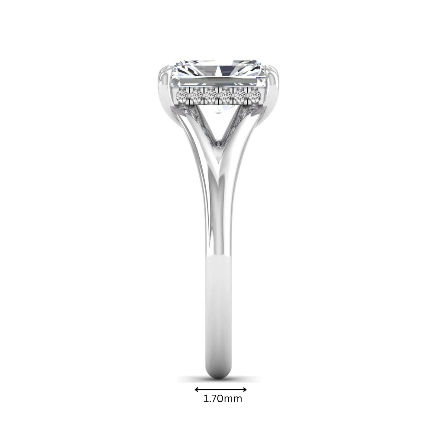 IGI Certified 1.74 carat radiant cut lab grown diamond hidden halo engagement ring with round accent diamonds in white gold.