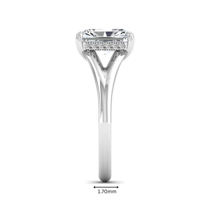 IGI Certified 1.74 carat radiant cut lab grown diamond hidden halo engagement ring with round accent diamonds in white gold.
