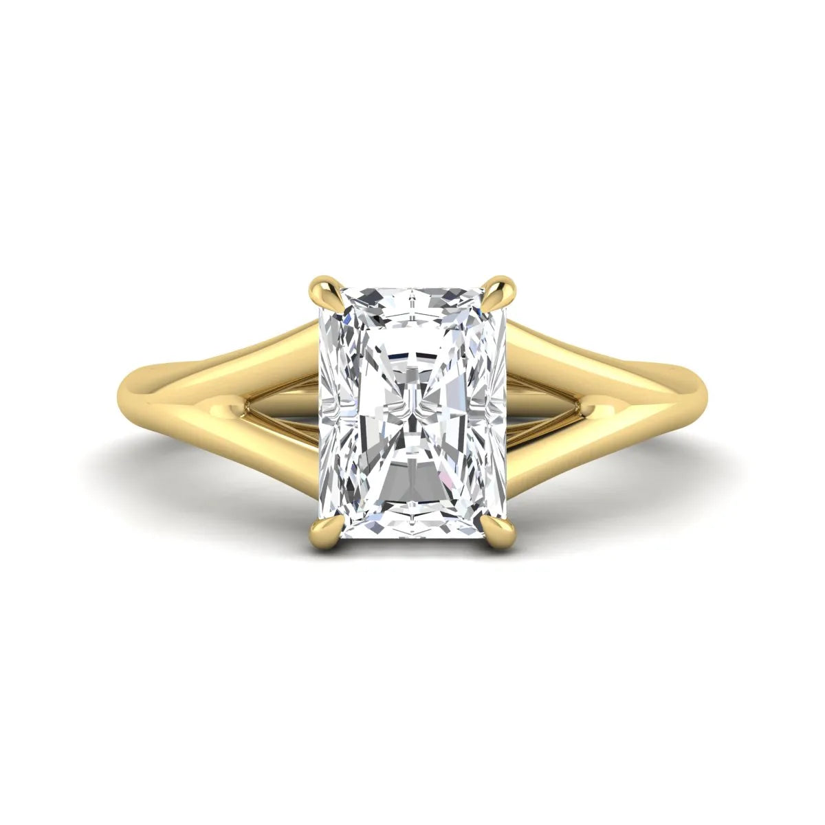 IGI Certified 1.74 carat radiant cut lab grown diamond hidden halo engagement ring with round accent diamonds in yellow gold.