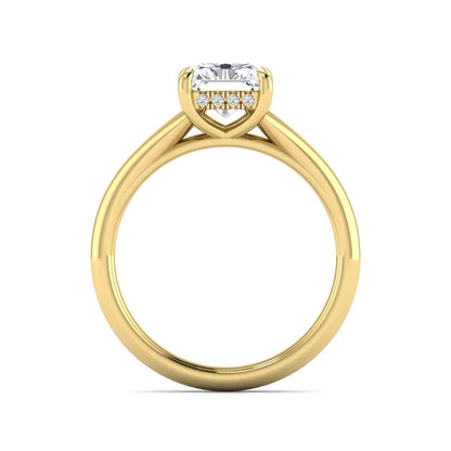 IGI Certified 1.74 carat radiant cut lab grown diamond hidden halo engagement ring with round accent diamonds in yellow gold.
