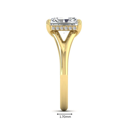 IGI Certified 1.74 carat radiant cut lab grown diamond hidden halo engagement ring with round accent diamonds in yellow gold.