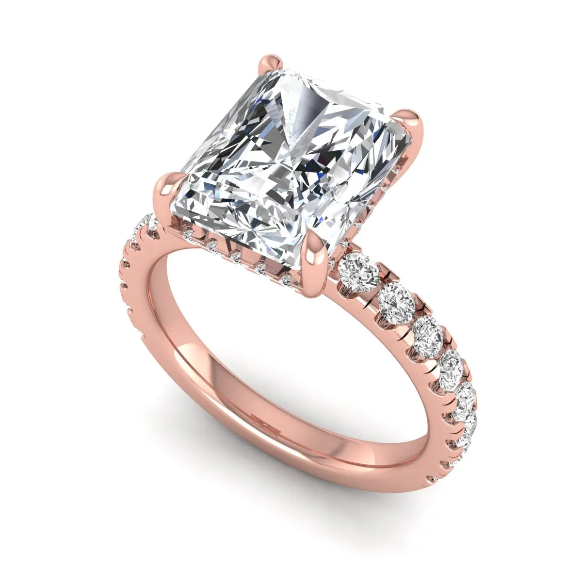 Radiant Hidden Halo Lab Grown Diamond Engagement Ring featuring a 10.00 × 8.00 mm radiant-cut center diamond with a hidden halo, pavé diamond band, and four-prong setting in rose gold