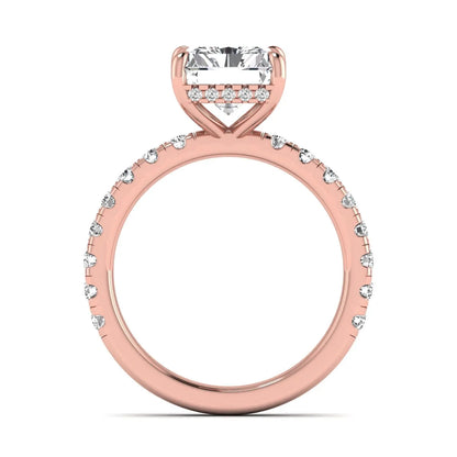 Radiant Hidden Halo Lab Grown Diamond Engagement Ring featuring a 10.00 × 8.00 mm radiant-cut center diamond with a hidden halo, pavé diamond band, and four-prong setting in rose gold