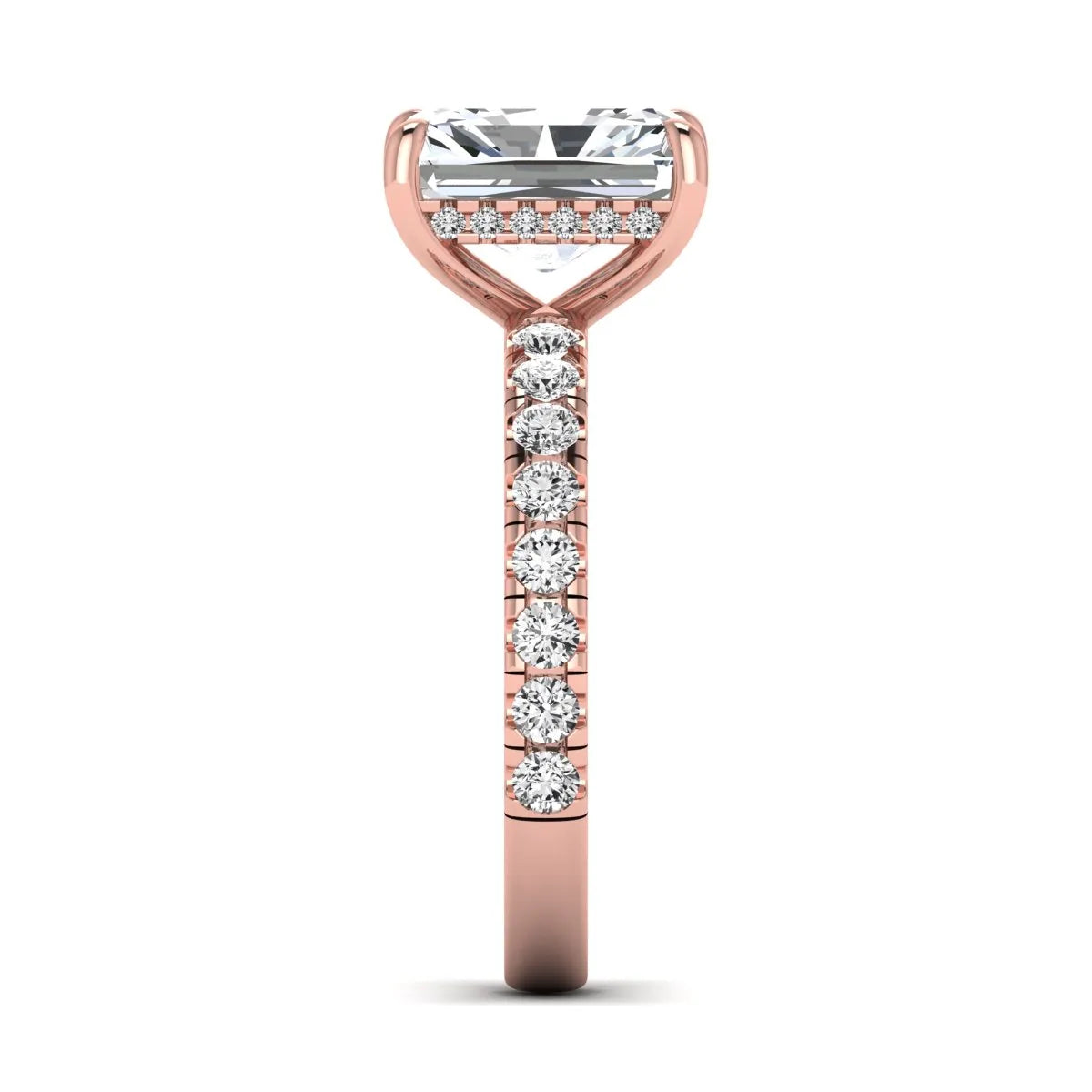 Radiant Hidden Halo Lab Grown Diamond Engagement Ring featuring a 10.00 × 8.00 mm radiant-cut center diamond with a hidden halo, pavé diamond band, and four-prong setting in rose gold