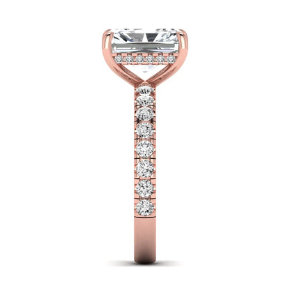 Radiant Hidden Halo Lab Grown Diamond Engagement Ring featuring a 10.00 × 8.00 mm radiant-cut center diamond with a hidden halo, pavé diamond band, and four-prong setting in rose gold