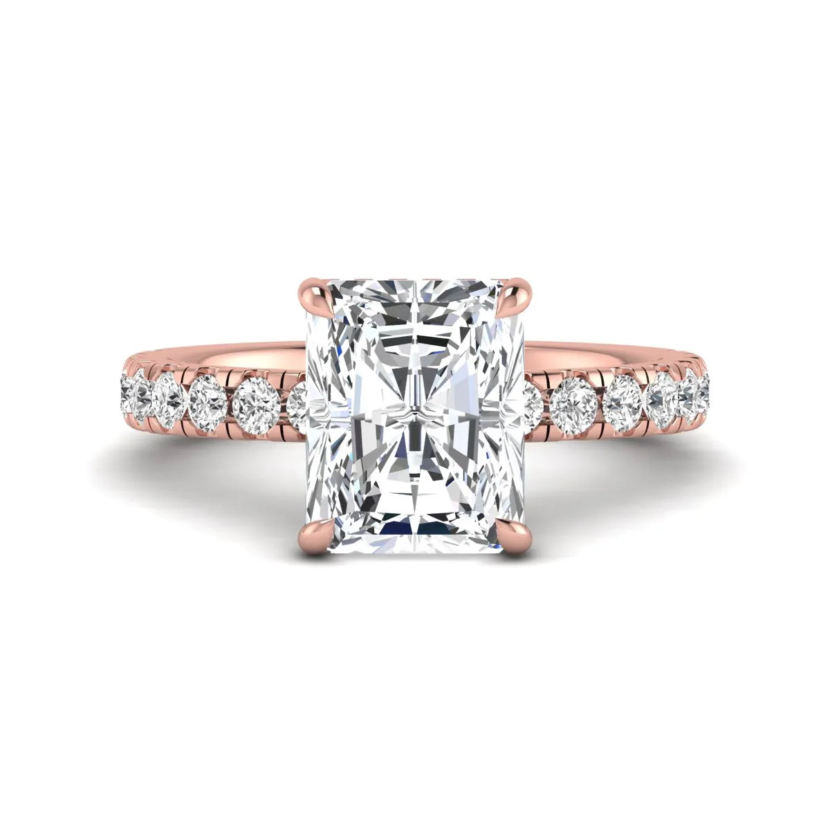 Radiant Hidden Halo Lab Grown Diamond Engagement Ring featuring a 10.00 × 8.00 mm radiant-cut center diamond with a hidden halo, pavé diamond band, and four-prong setting in rose gold