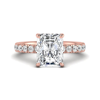 Radiant Hidden Halo Lab Grown Diamond Engagement Ring featuring a 10.00 × 8.00 mm radiant-cut center diamond with a hidden halo, pavé diamond band, and four-prong setting in rose gold