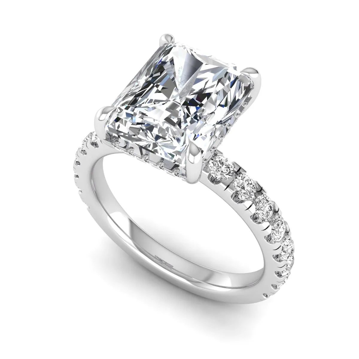 Radiant Hidden Halo Lab Grown Diamond Engagement Ring featuring a 10.00 × 8.00 mm radiant-cut center diamond with a hidden halo, pavé diamond band, and four-prong setting in white gold