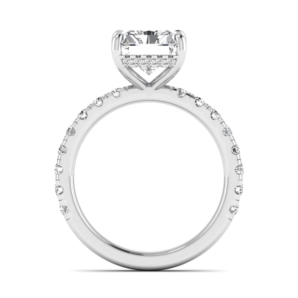 Radiant Hidden Halo Lab Grown Diamond Engagement Ring featuring a 10.00 × 8.00 mm radiant-cut center diamond with a hidden halo, pavé diamond band, and four-prong setting in white gold