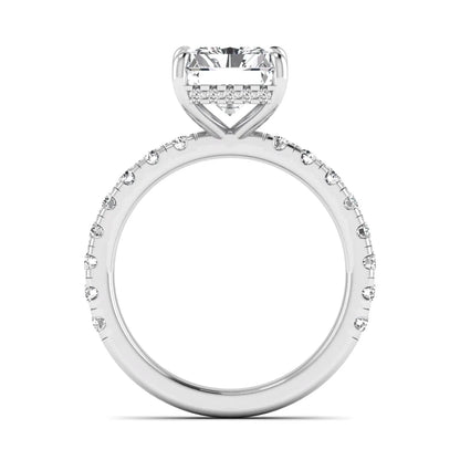 Radiant Hidden Halo Lab Grown Diamond Engagement Ring featuring a 10.00 × 8.00 mm radiant-cut center diamond with a hidden halo, pavé diamond band, and four-prong setting in white gold