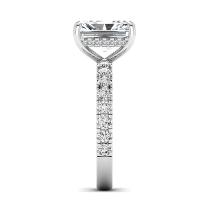 Radiant Hidden Halo Lab Grown Diamond Engagement Ring featuring a 10.00 × 8.00 mm radiant-cut center diamond with a hidden halo, pavé diamond band, and four-prong setting in white gold